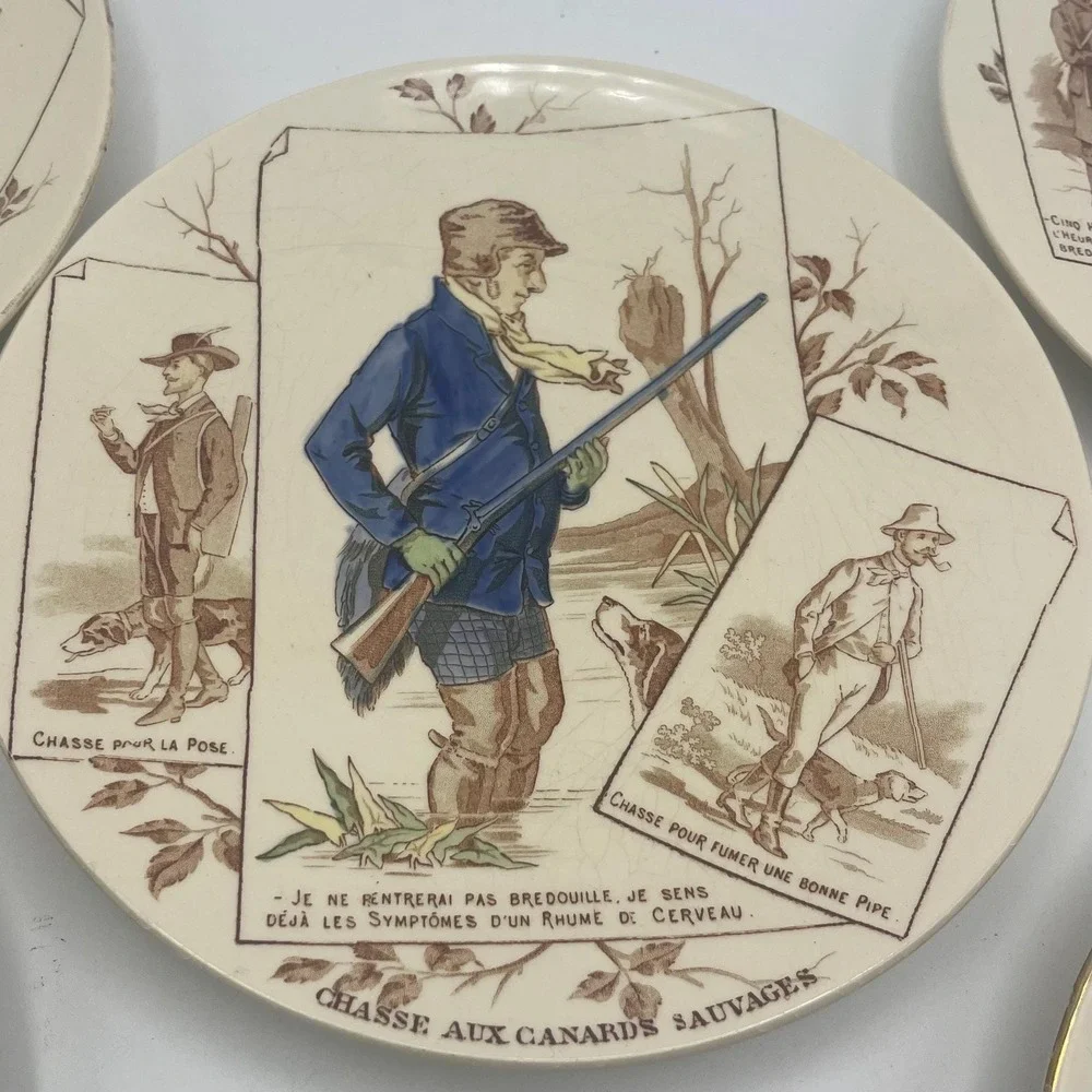6 U&C faience plates from Sarreguemines hunt French humor funny hunting comedy